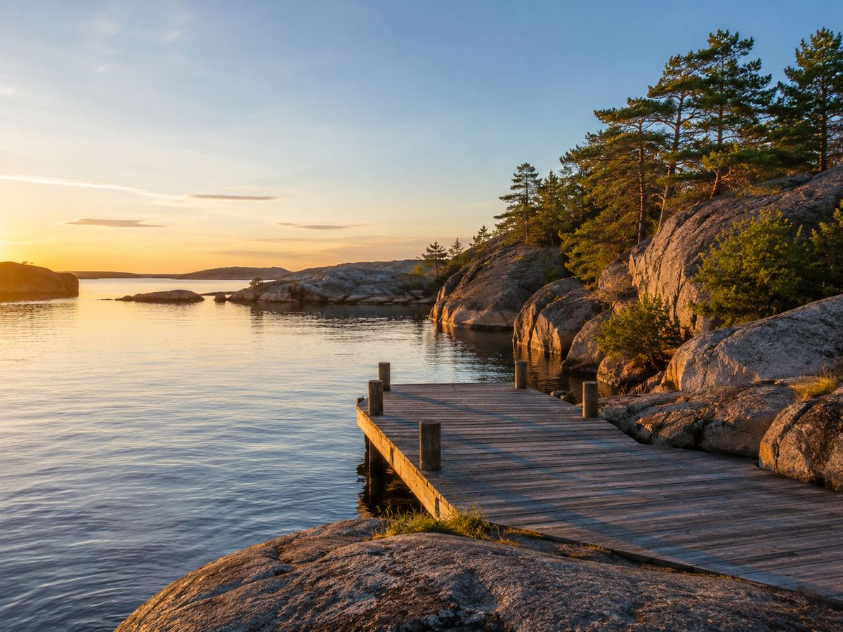 Brygga i kvällssol i skärgården