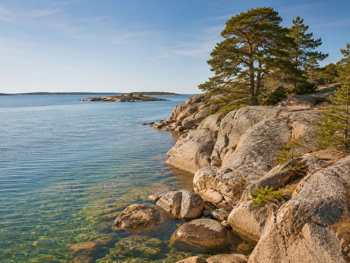 Skärgårdsklippor och klart hav i sommarljus